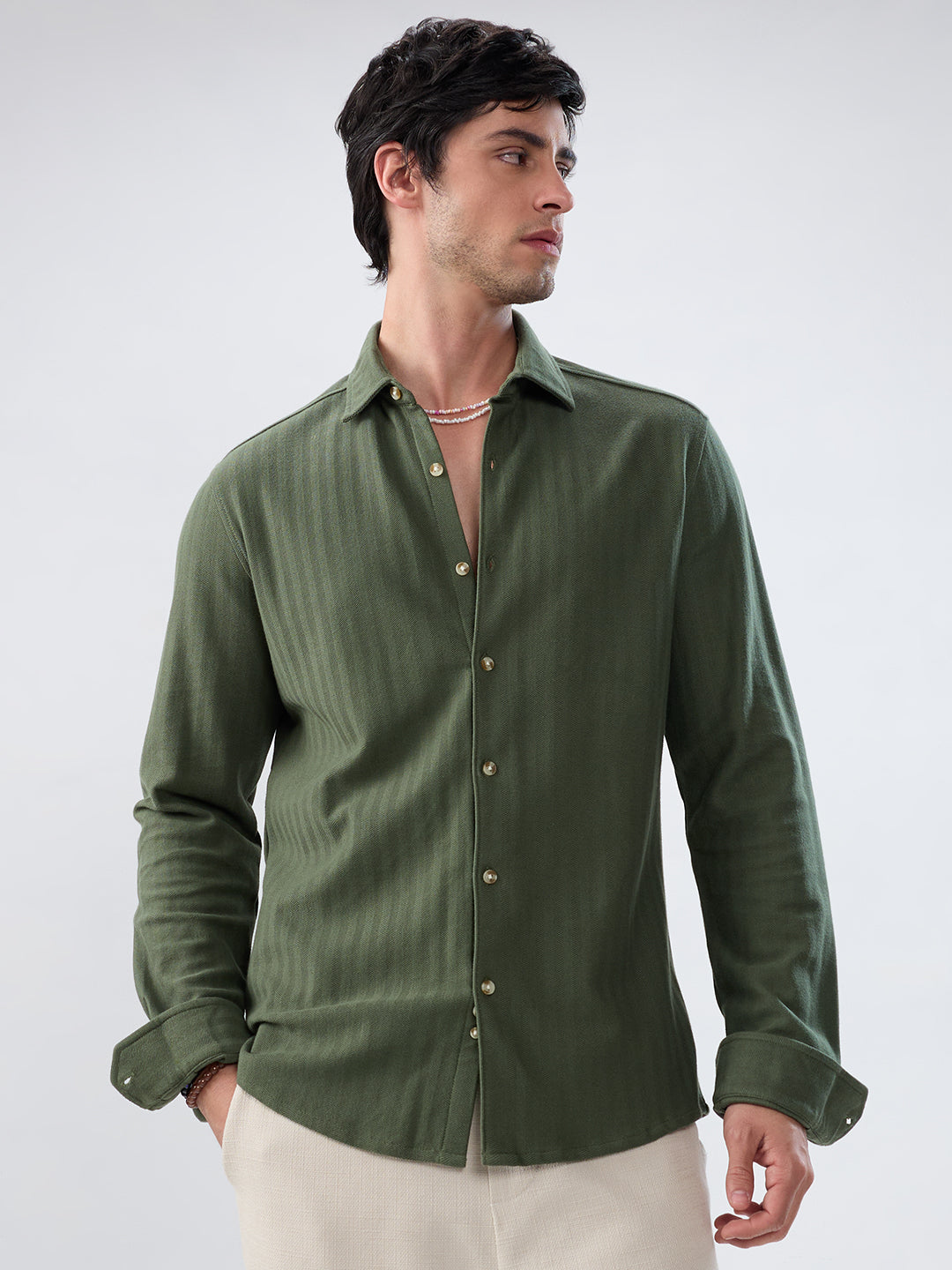 Olive Herringbone Textured Knitted Shirt