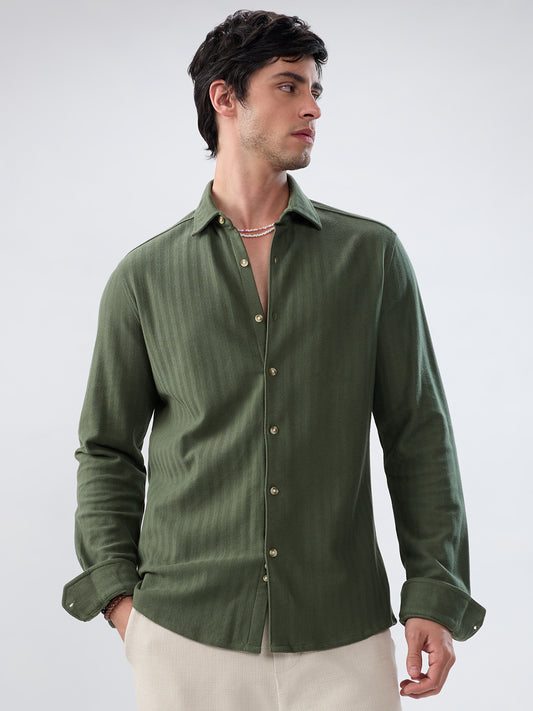 Olive Herringbone Textured Knitted Shirt