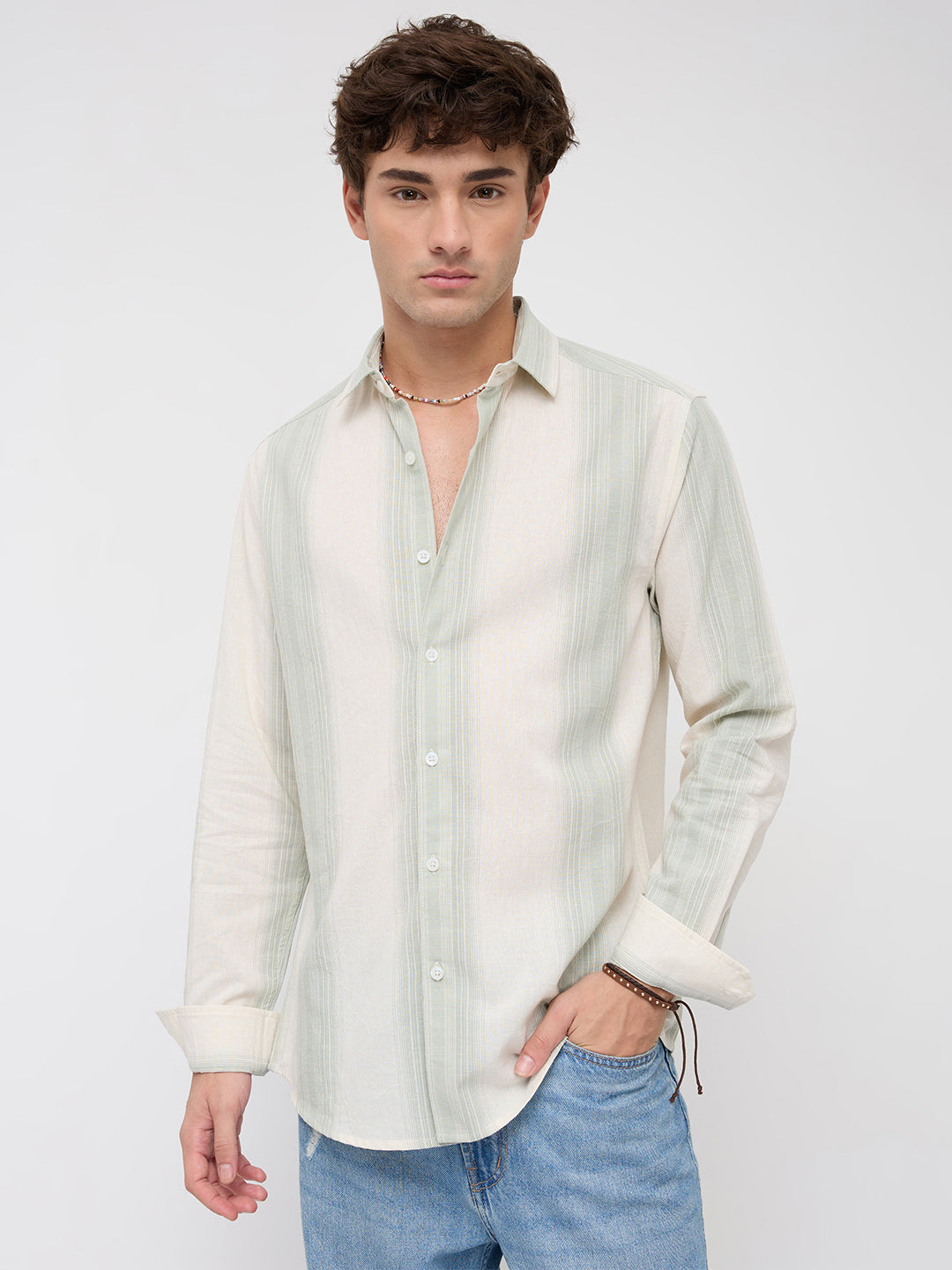 Luxe Sage Green Refined Striped Linen Blend Shirt