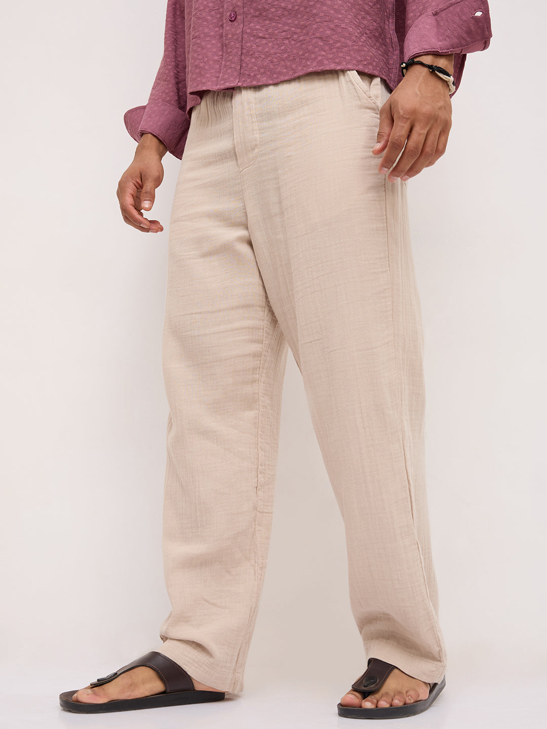 Warm Beige Double Cloth Straight Fit Trousers
