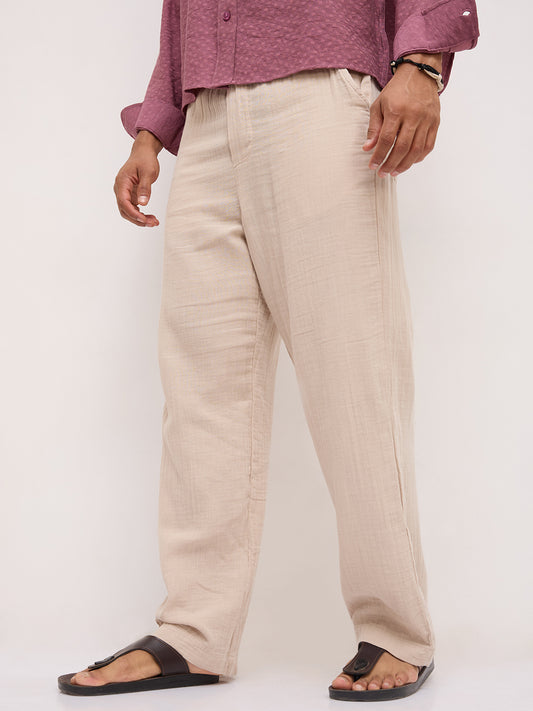 Warm Beige Double Cloth Straight Fit Trousers
