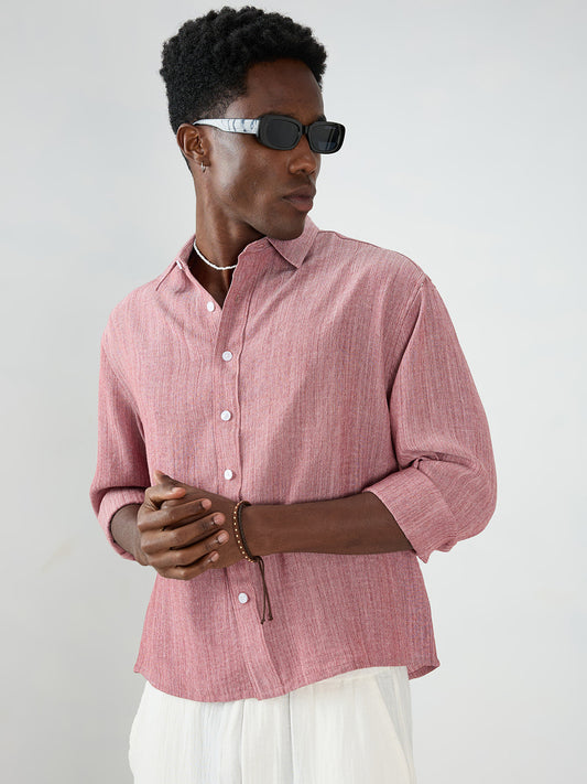 Elegant Brick Red Textured Boxy Fit Crop Shirt