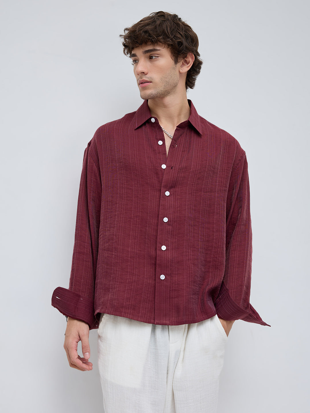 Crimpson Red Textured Boxy Fit Crop shirt