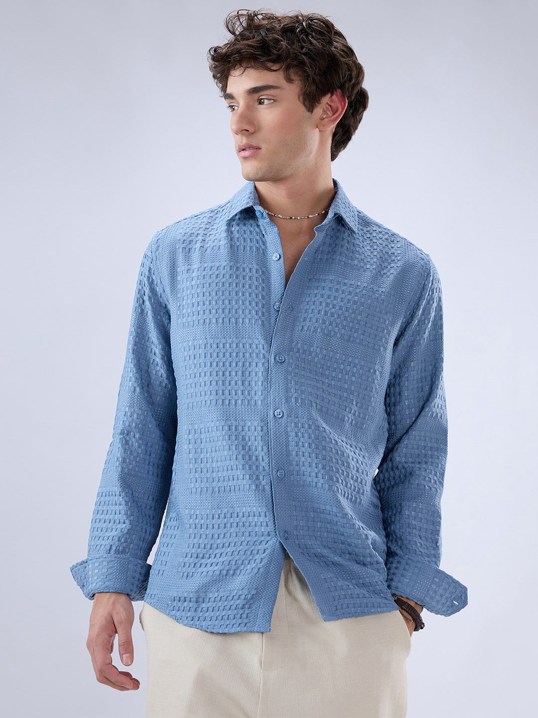 Intricate Columbia Blue Raised Motif Textured Shirt