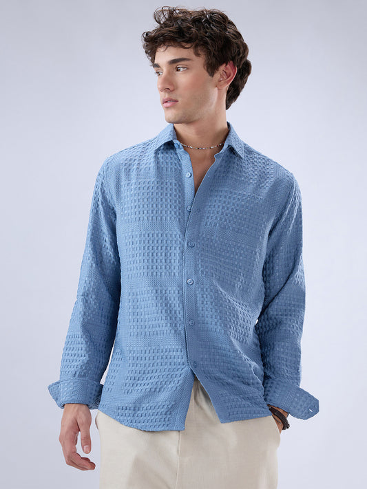 Intricate Columbia Blue Raised Motif Textured Shirt