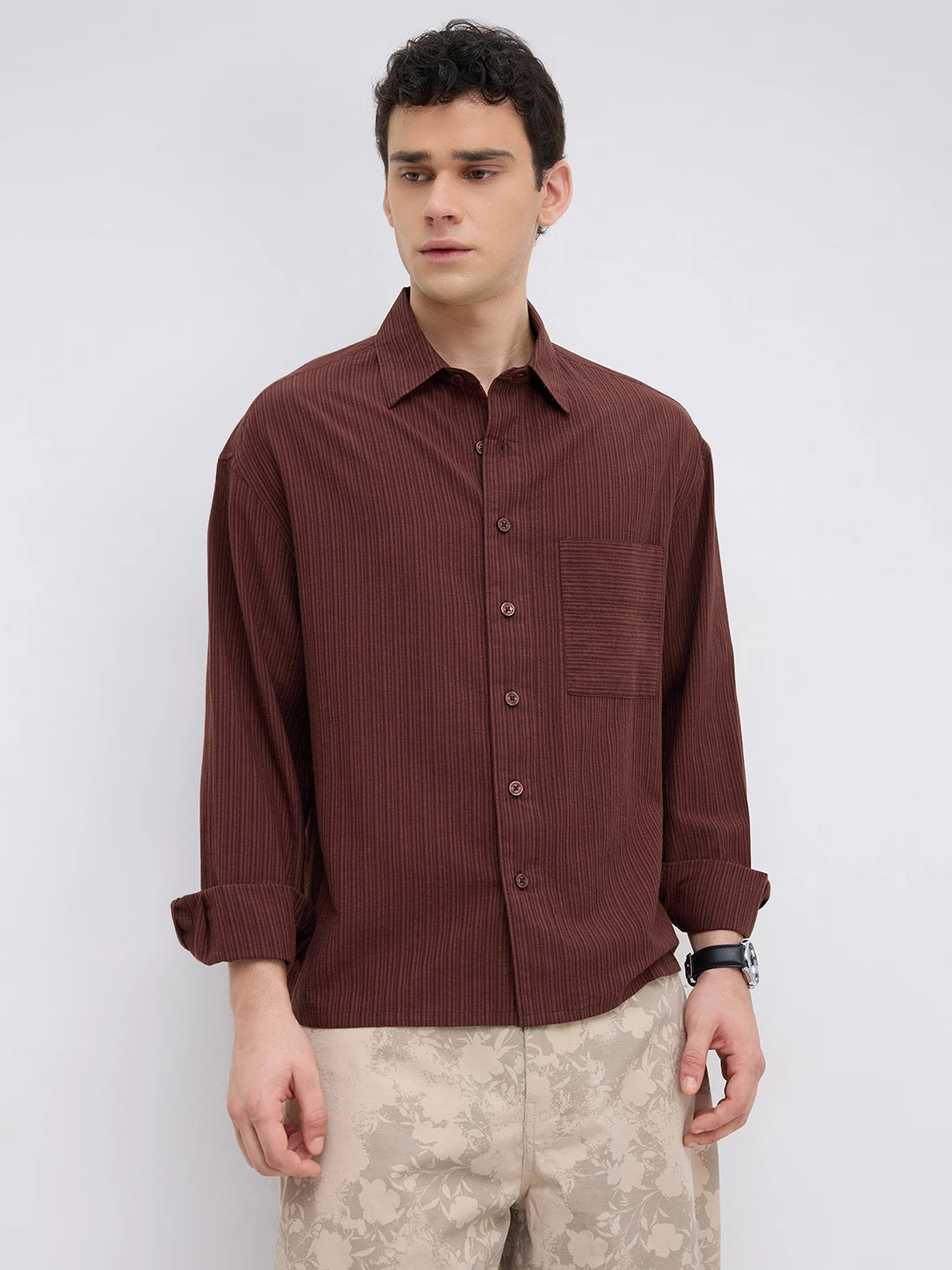 Elegant Coffee Brown Striped Boxy Fit Crop Shirt