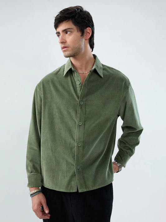 Pickle Green Corduroy Boxy Fit Crop Shirt
