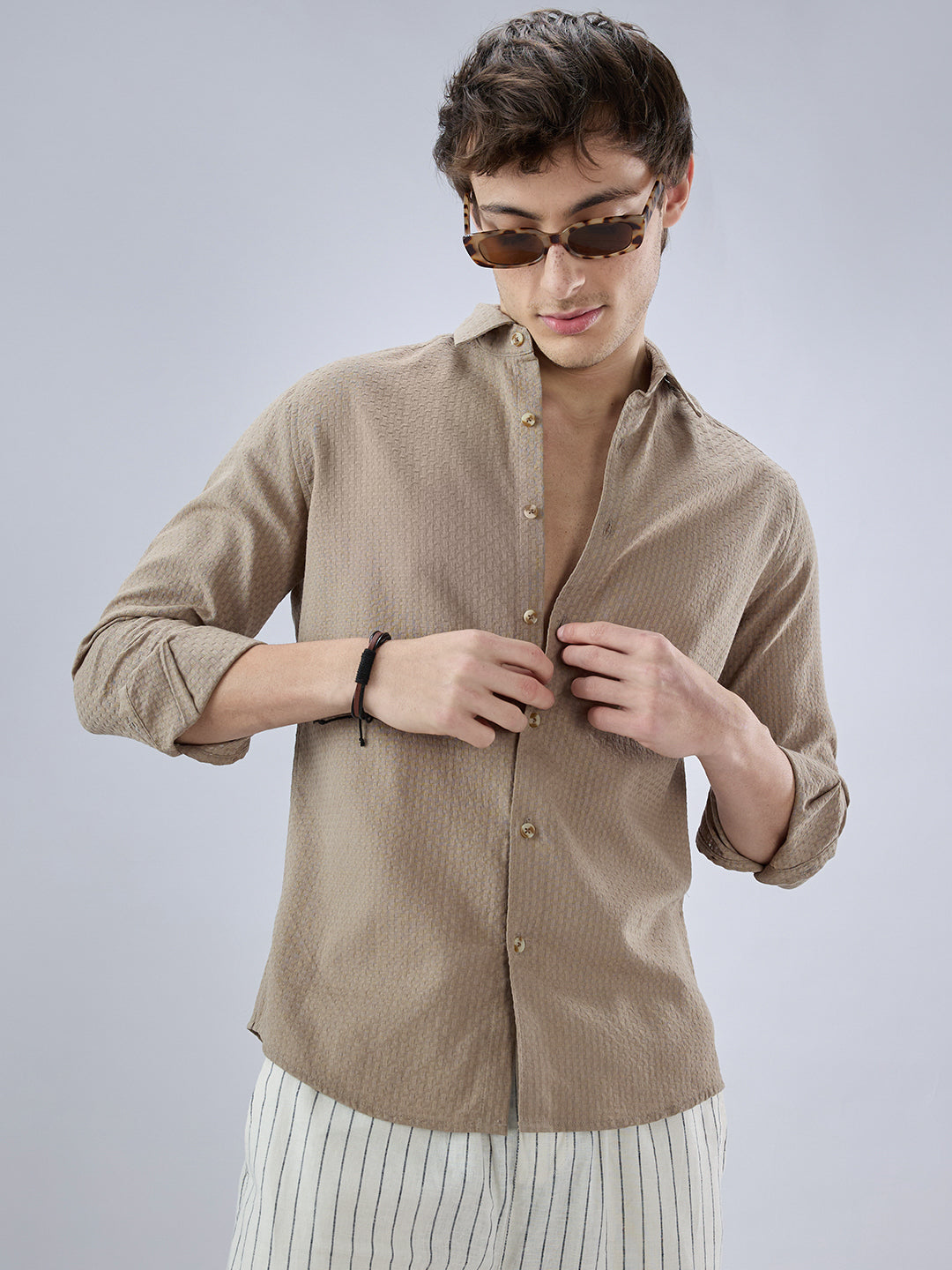 Warm Tan Beige Refined Textured Shirt
