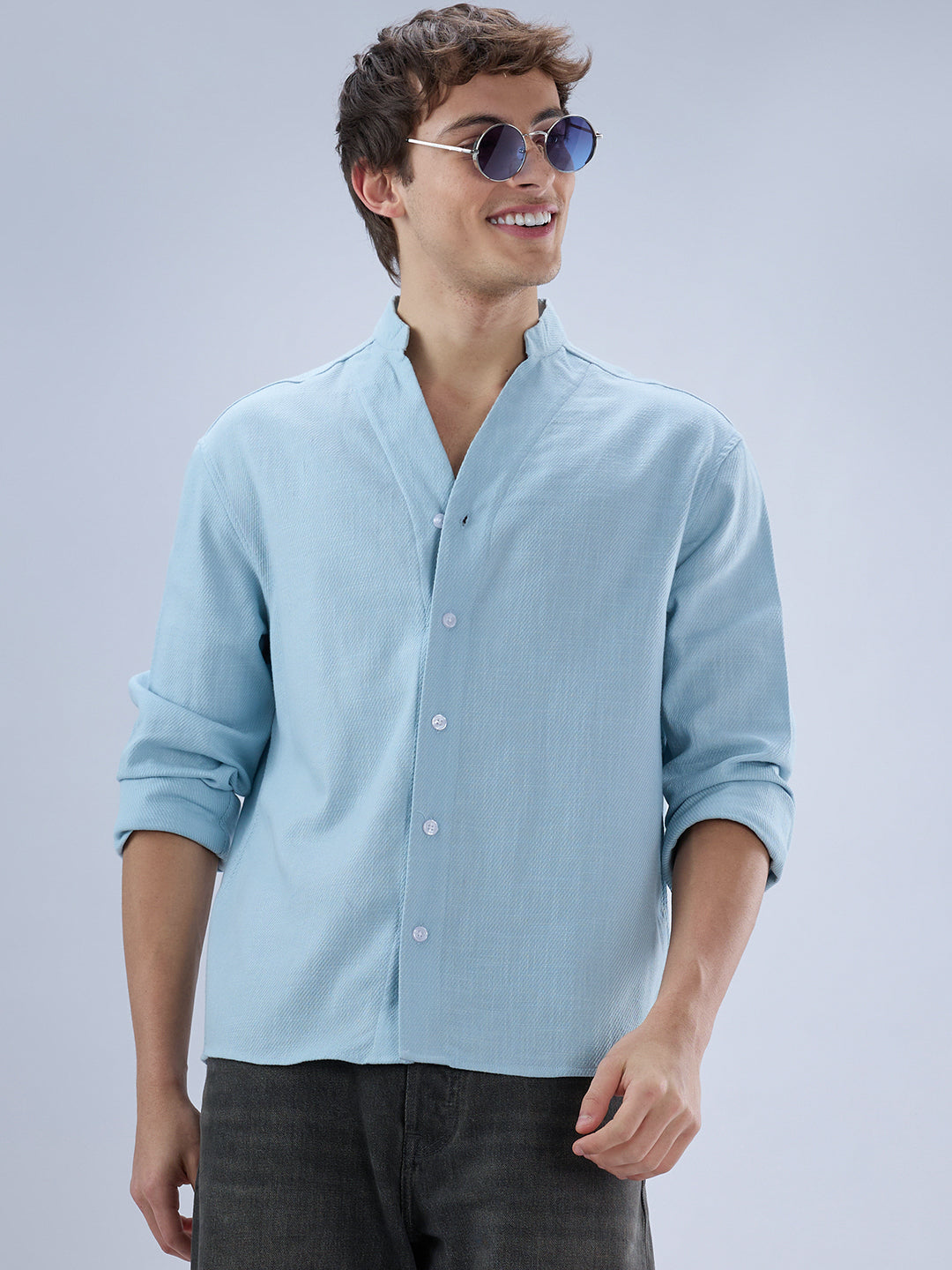 Soft Baby Blue Diagonal Textured Stand Collar Oversized Shirt