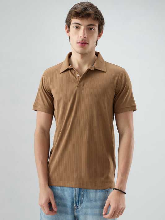 Refined Brown Hairline Striped Polo Knit T-Shirt