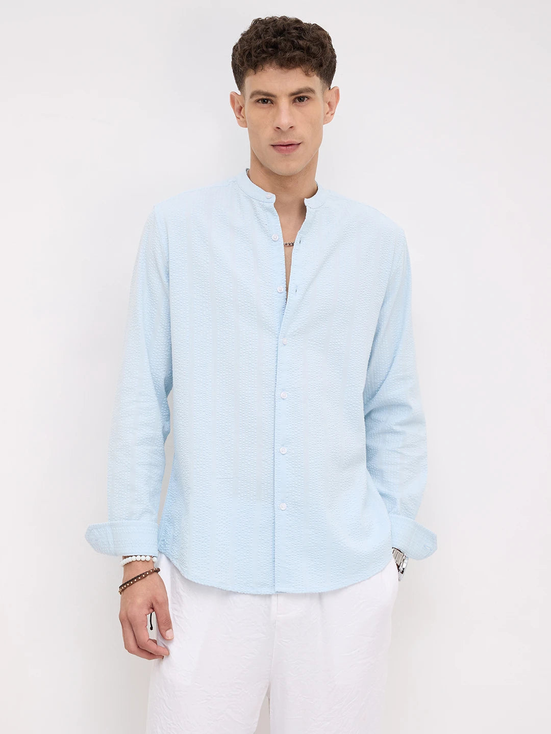 Luxe Sky Blue Seersucker Mandarin Shirt