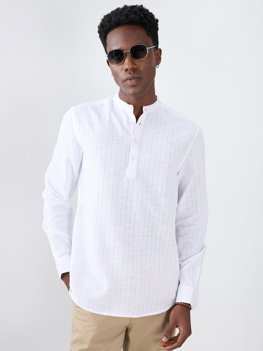 Pearl White Ladder Striped Subtle Textured Kurta