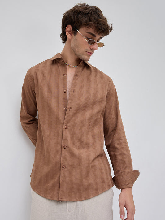 Walnut Brown Elevated Grid Detail Checks Shirt