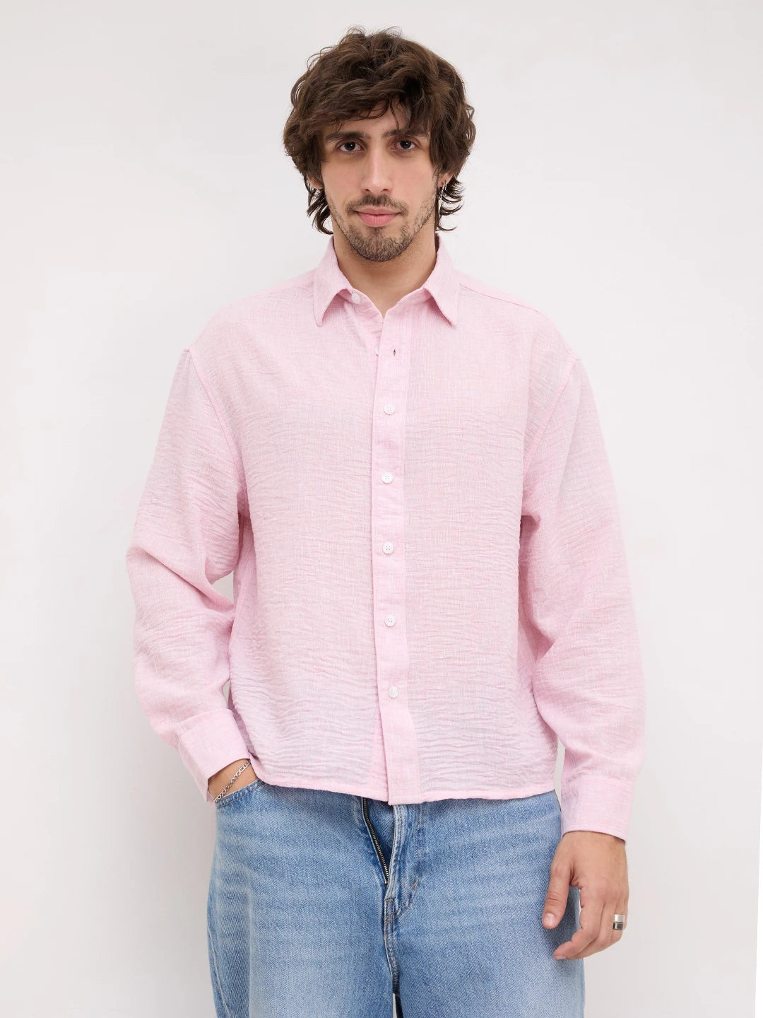 Lustrous Blush Pink Textured Boxy Fit Crop Shirt