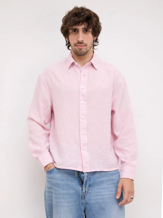 Lustrous Blush Pink Textured Boxy Fit Crop Shirt