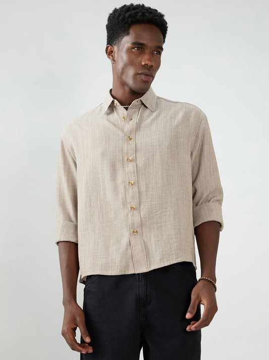 Classic Taupe Grey Textured Boxy Fit Crop Shirt