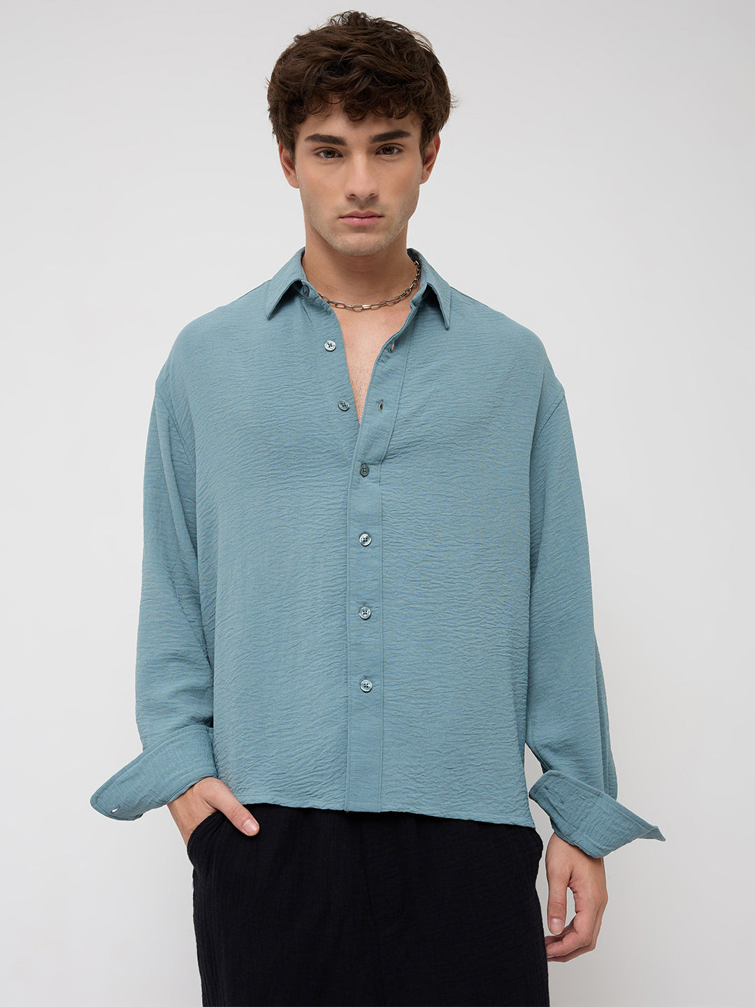 Plush AirForce Blue Lightweight Crinkled Boxy Fit Crop Shirt