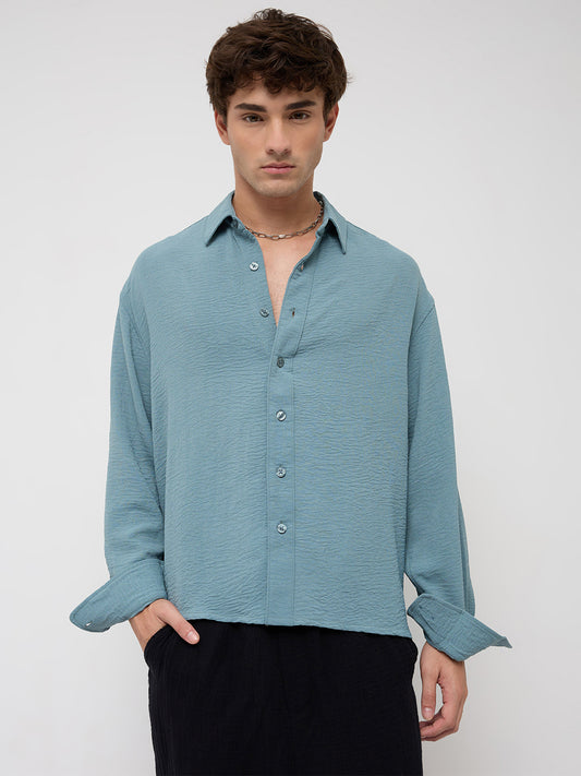 Plush AirForce Blue Lightweight Crinkled Boxy Fit Crop Shirt