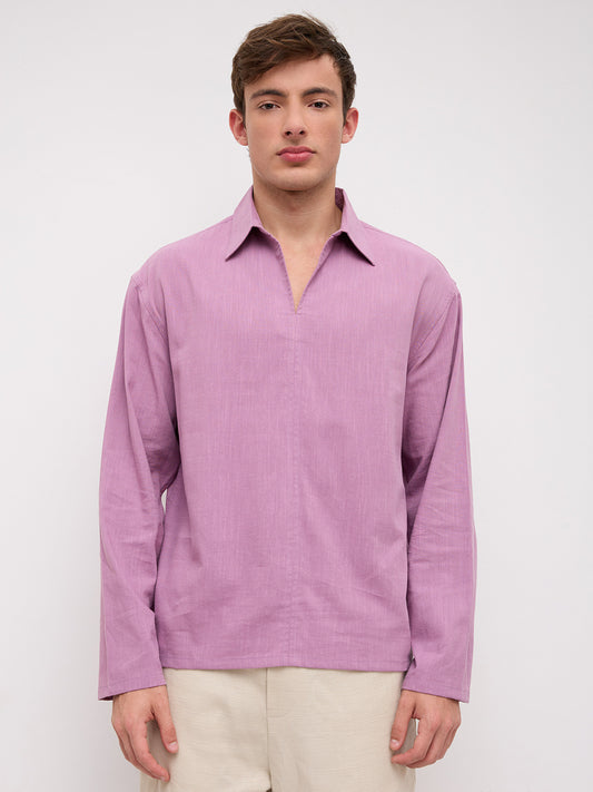 Dusty Rose Pink Slub Textured Center Seam Oversized Polo Shirt