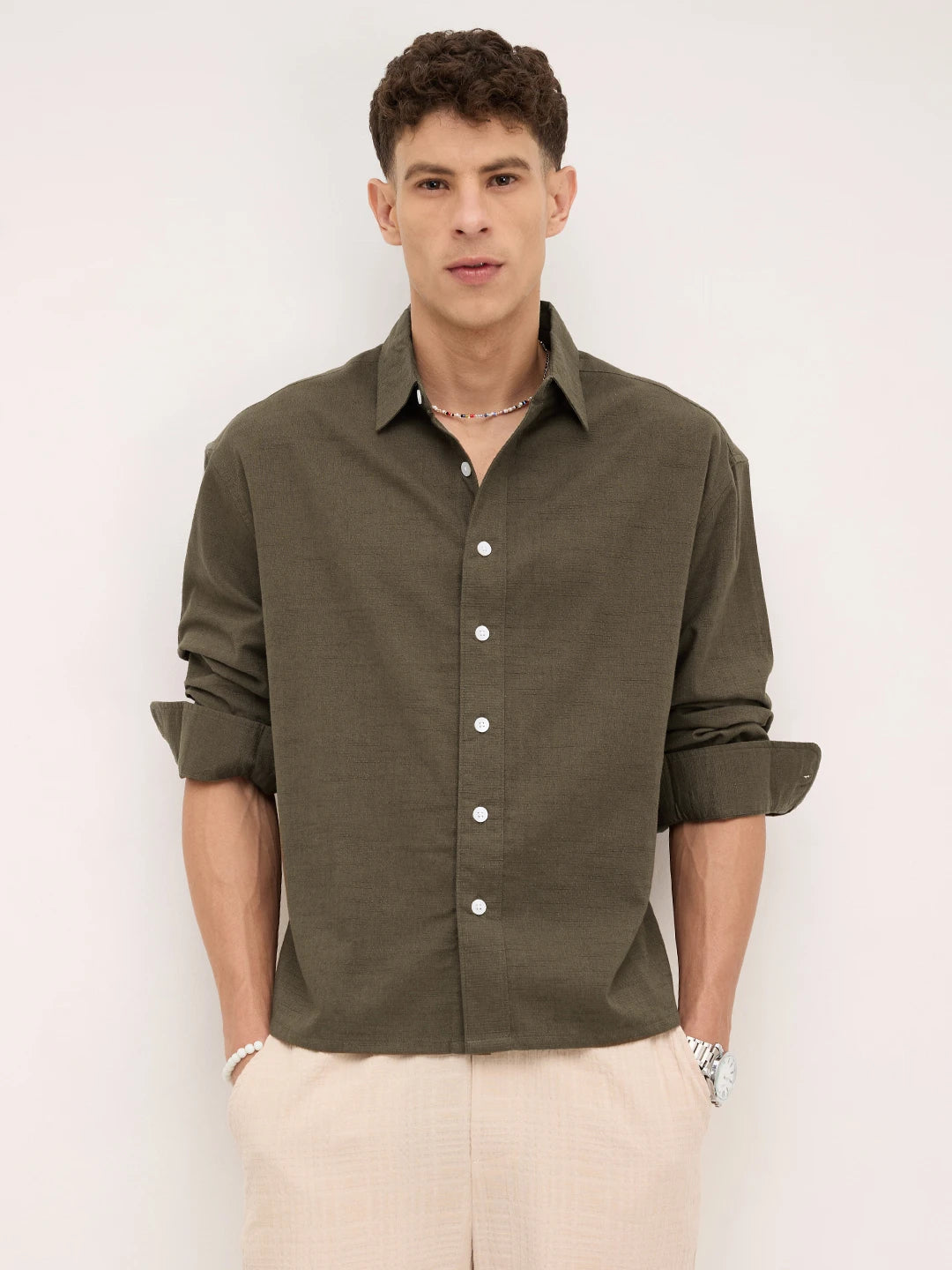 Emerald Green Fine Textured Boxy Fit Crop Shirt