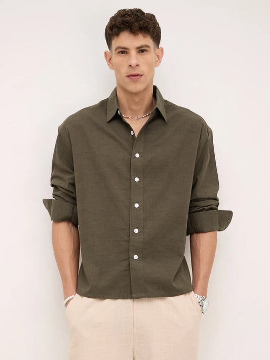 Emerald Green Fine Textured Boxy Fit Crop Shirt