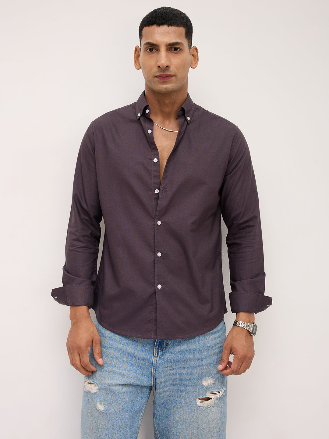 Elegant Pruple Button-Down Collar Oxford Shirt