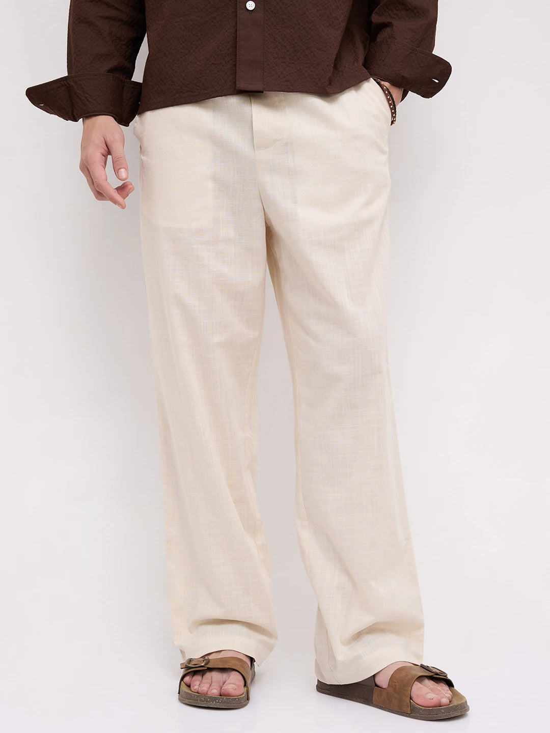 Bisque Beige Sheer Slub Textured Straight Fit Trousers
