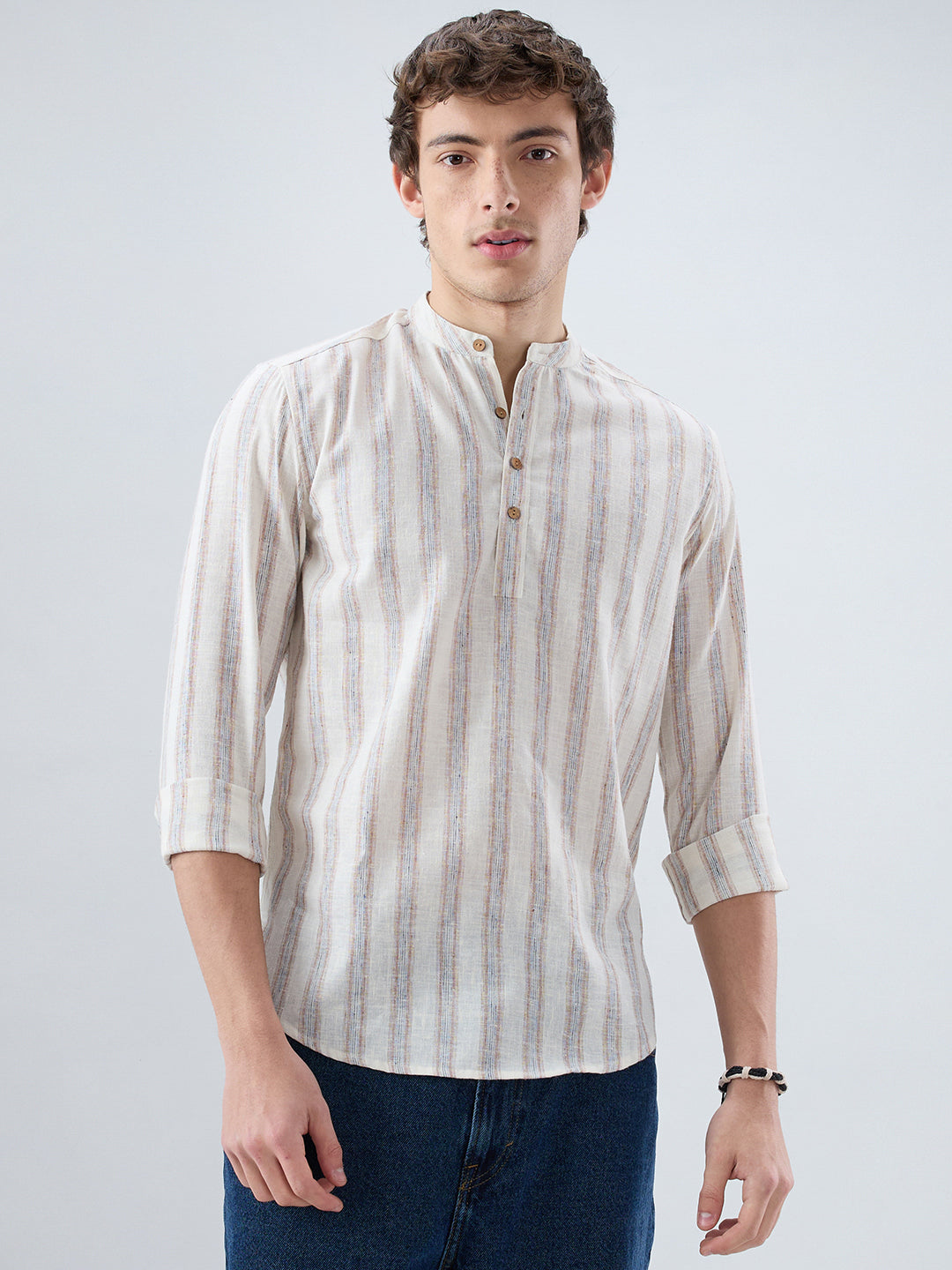 Ivory Multi Line Vertical Striped Kurta