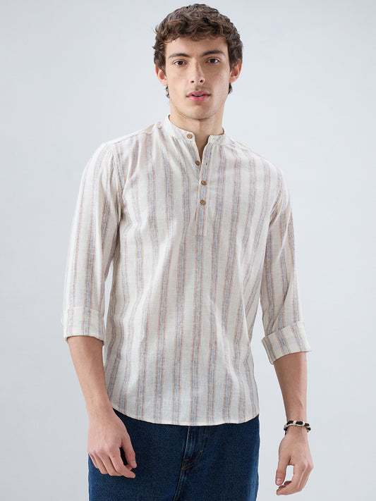 Ivory Multi Line Vertical Striped Kurta