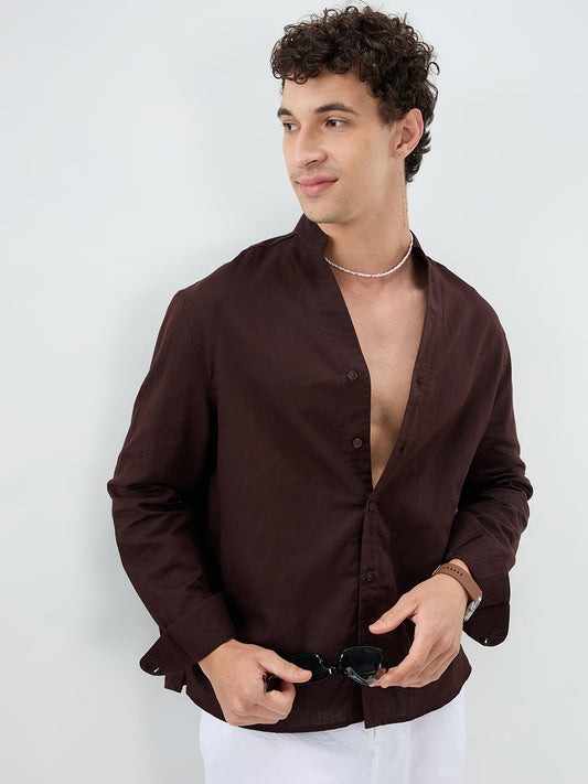 Espresso Brown Linen Blend Stand Collar Oversized Shirt