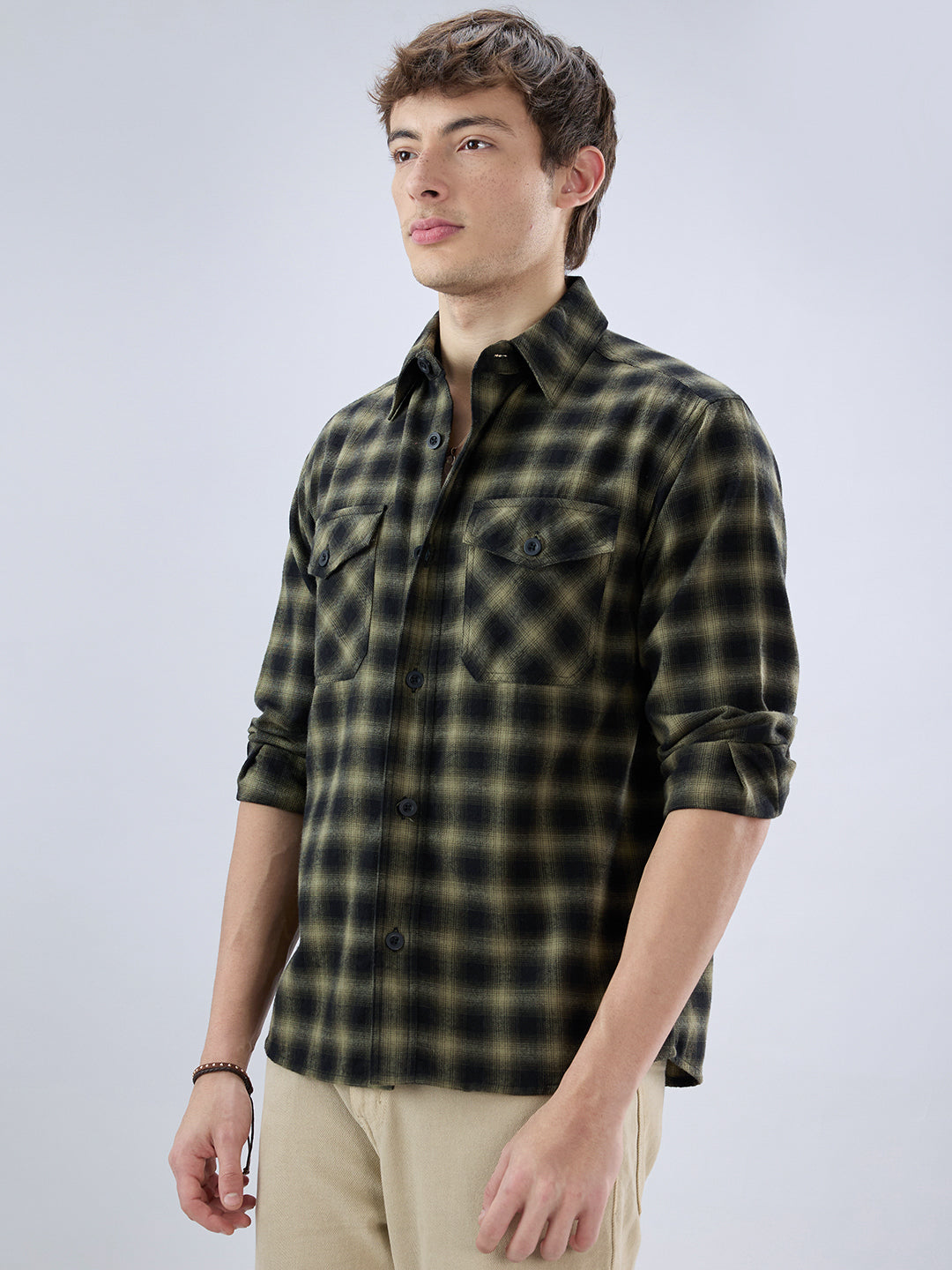 Deep Olive Soft Rustic Checks Double Pocket Shirt