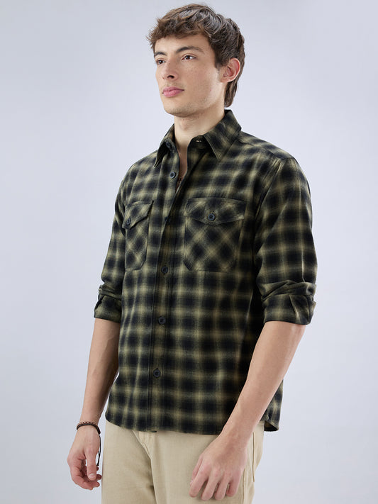 Deep Olive Soft Rustic Checks Double Pocket Shirt