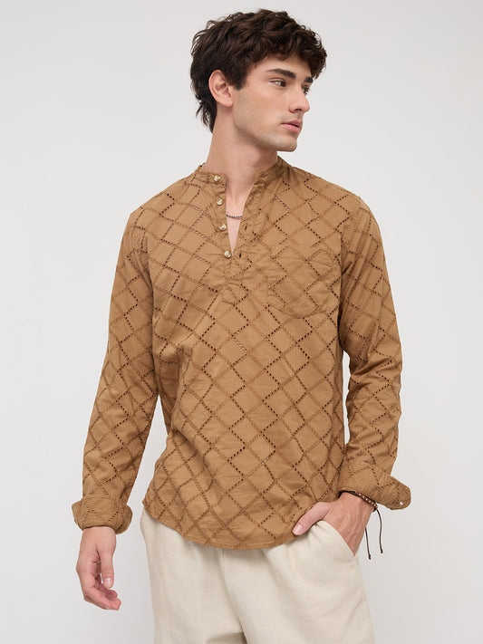 Copper Brown Diamond Embroidery Schiffli Kurta