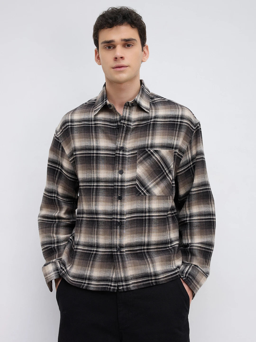 Rich Black & Brown Winter Plaid Shadow Checks Flannel Boxy Fit Crop Shirt