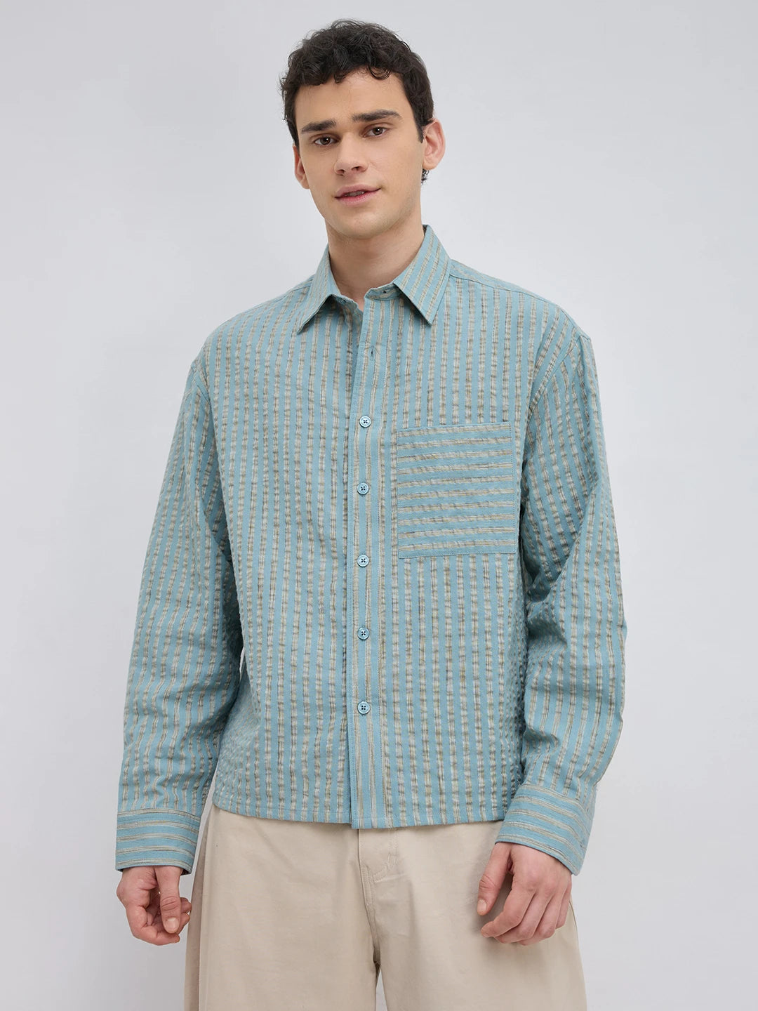 Sea Green Seersucker Candy Striped Boxy Fit Crop Shirt