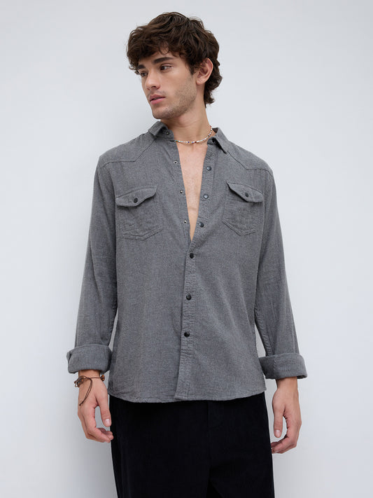 Solid Intense Grey Flannel Double Flap Pocket Shirt