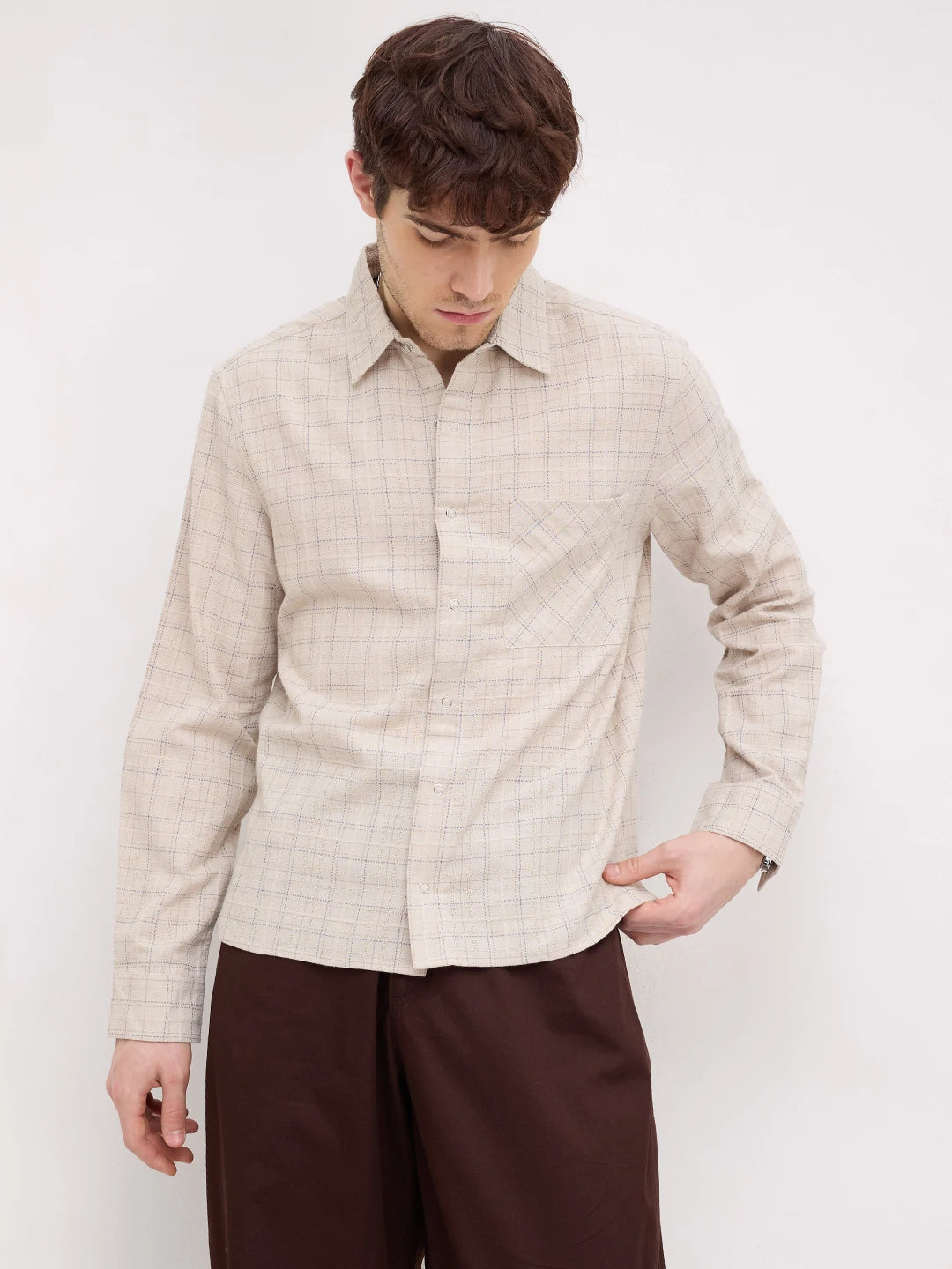 Beige & Blue Loomscape Checks Straight Hem Oversized Shirt