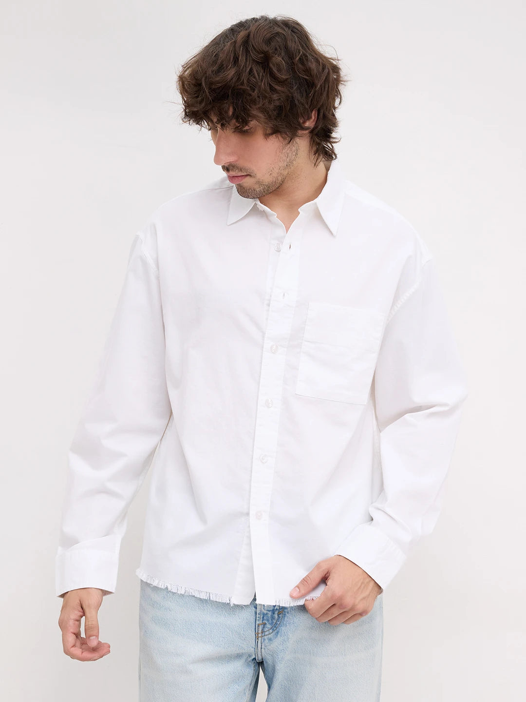 Solid Pearl White Oxford Distressed Hem Boxy Fit Crop Shirt