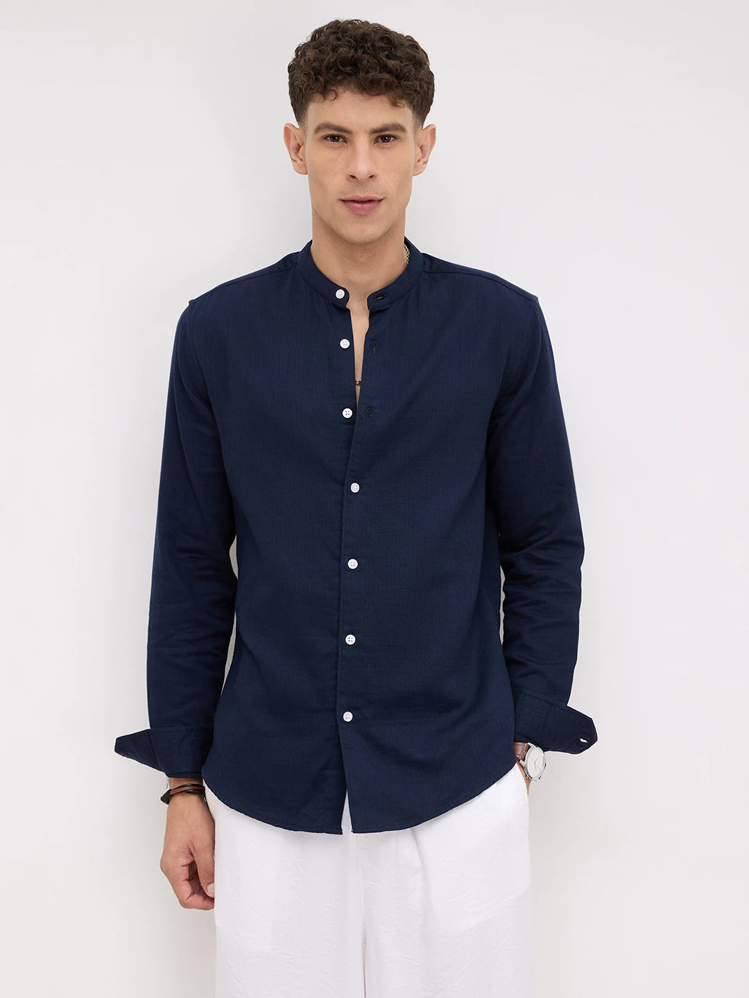 Navy Herringbone Textured Mandarin Shirt