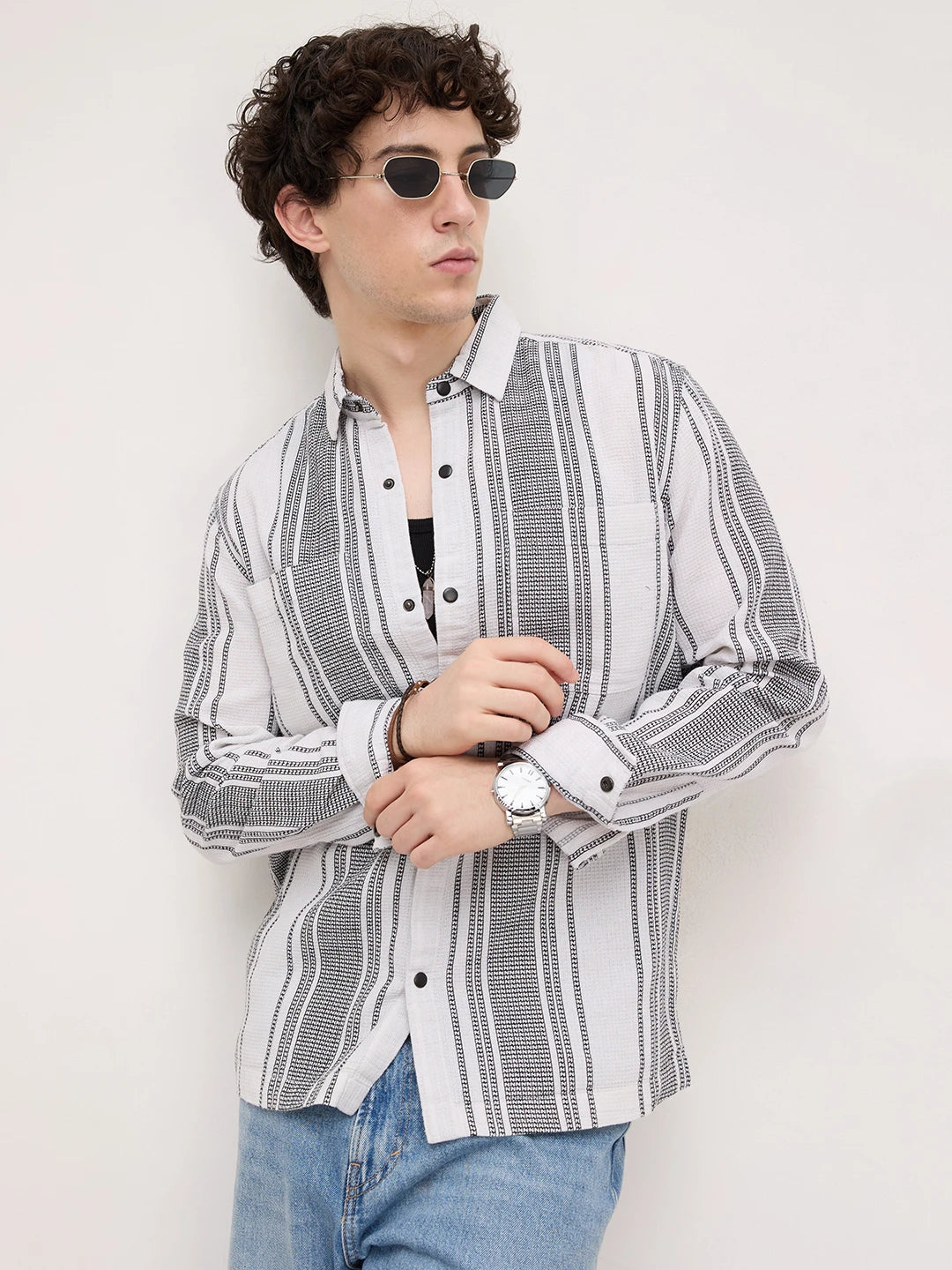 Refined White Double Pocket Waffle Striped Shirt