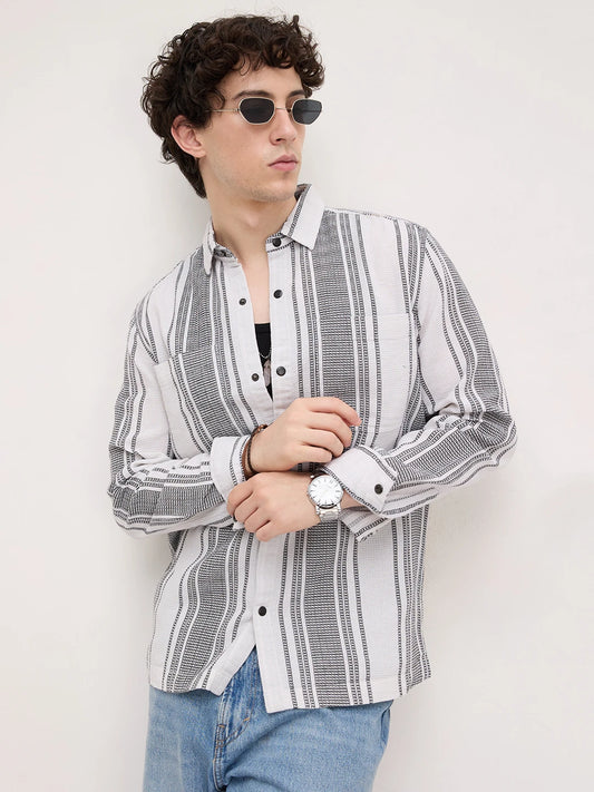 Refined White Double Pocket Waffle Striped Shirt