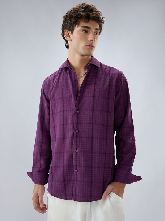 Elegant Plum Micro Checks Textured Shirt