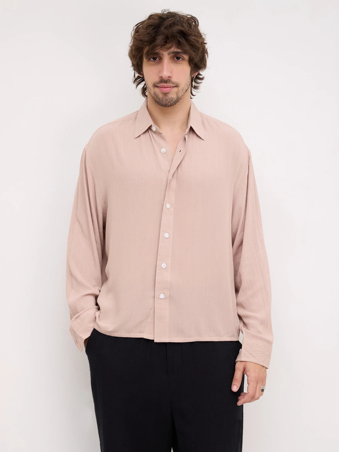 Warm Beige Crepe Textured Boxy Fit Shirt