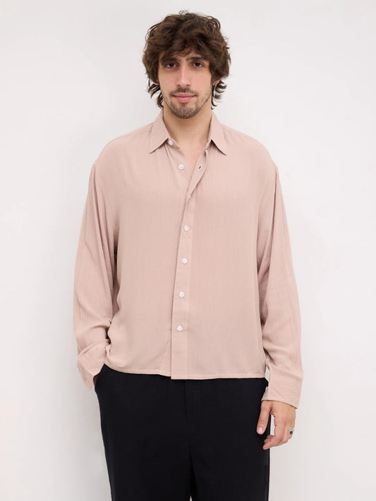 Warm Beige Crepe Textured Boxy Fit Shirt