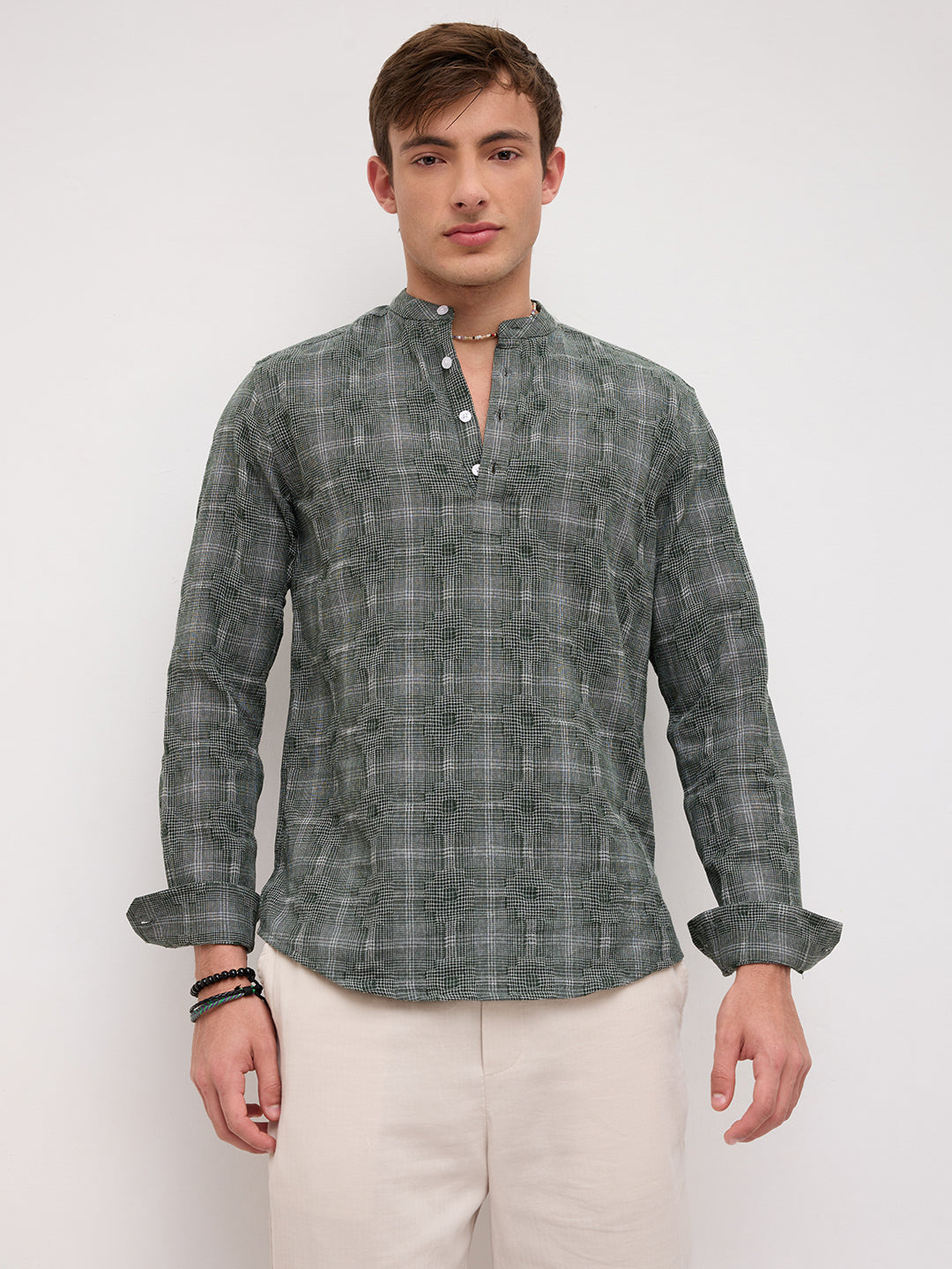 Green Glitch Micro Check Textured Matrix Everyday Kurta