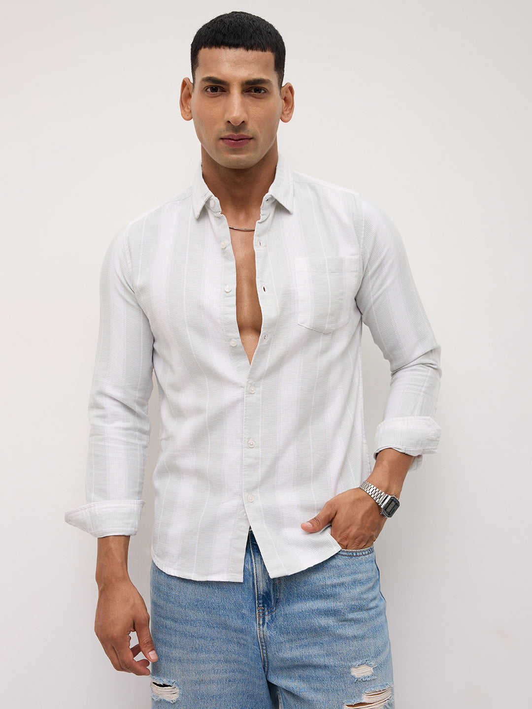 Sage Mist Textured Vertical Resort Shirt
