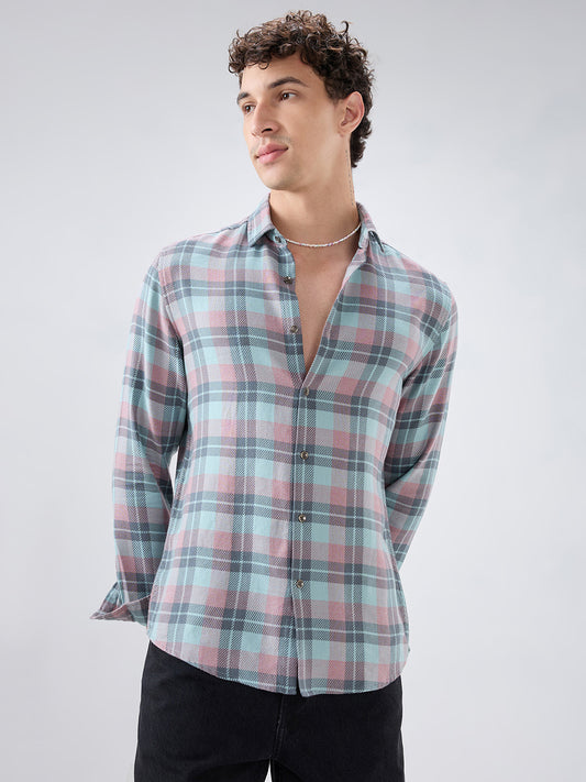 Vintage Blue Diagonal Textured Overlay Checks Shirt