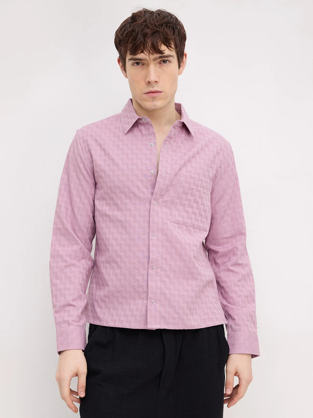 Luxe Mauve Pink Maze Textured Straight Hem Crop Shirt