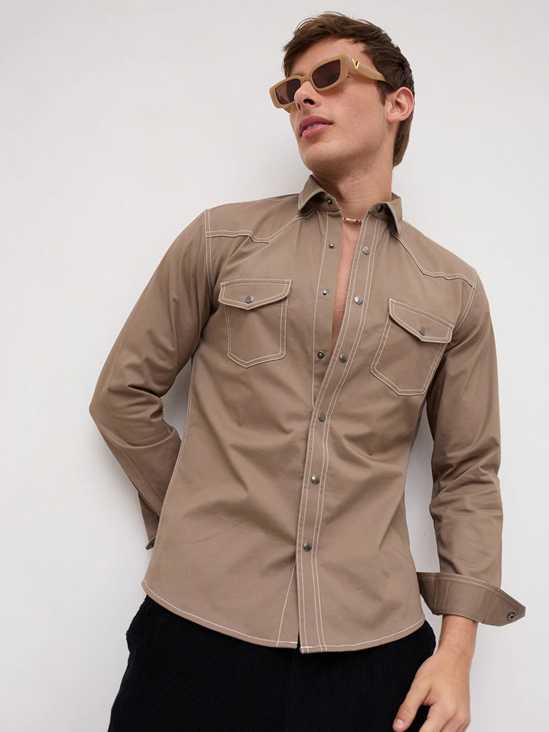Taupe Contrast Stitch Twin Pocket Shirt