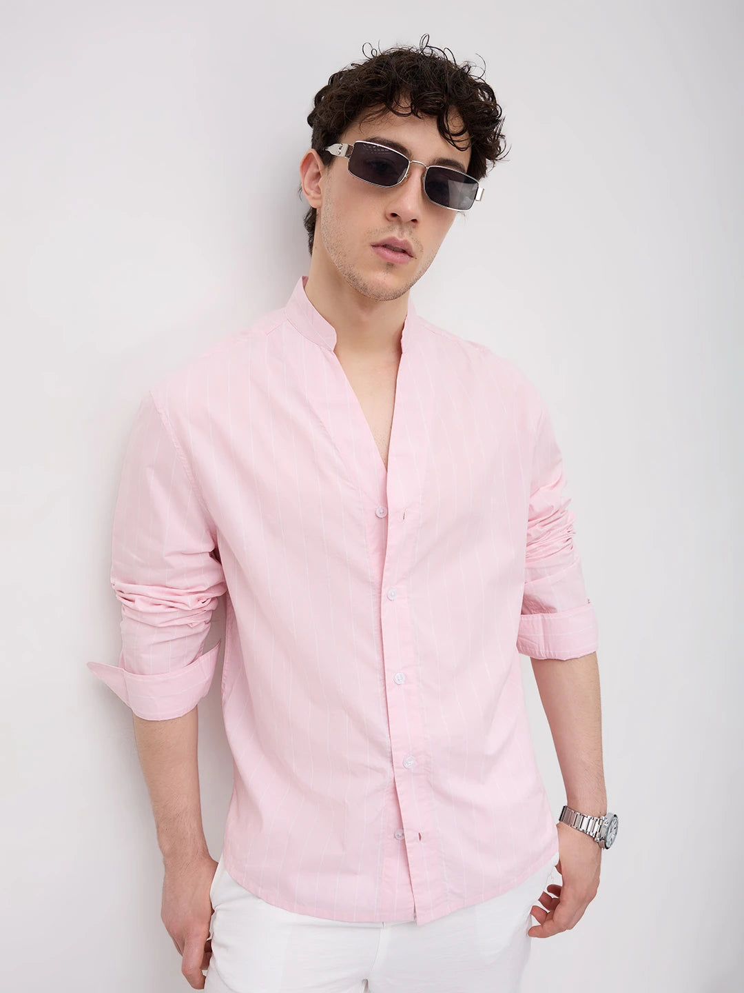 Baby Pink Pinstripe Stand Collar Oversized Shirt
